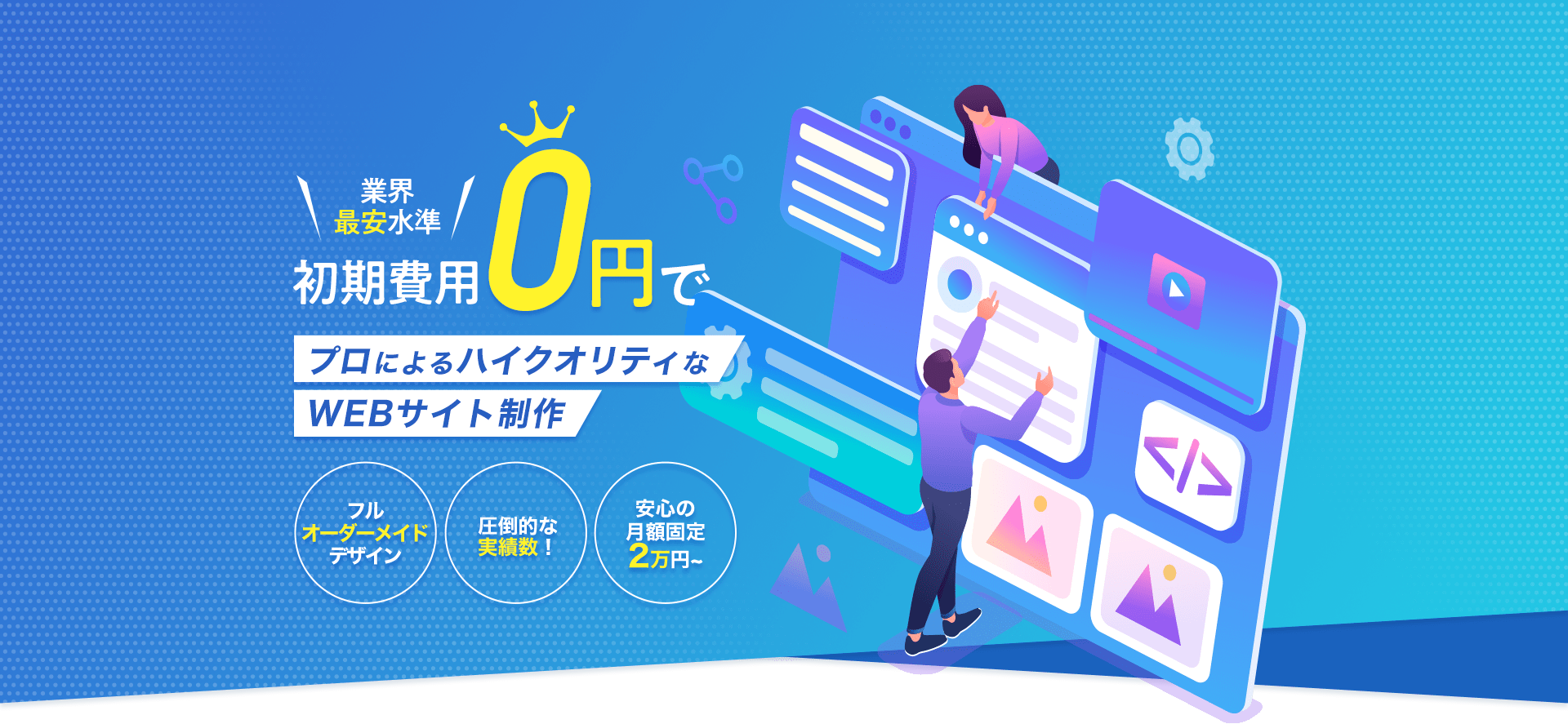 業界最安水準 初期費用0円で 超一流のオーダーメイドホームページ作成 | フルオーダーメイドデザイン | 圧倒的な実績数 | 安心の月額固定2万円～